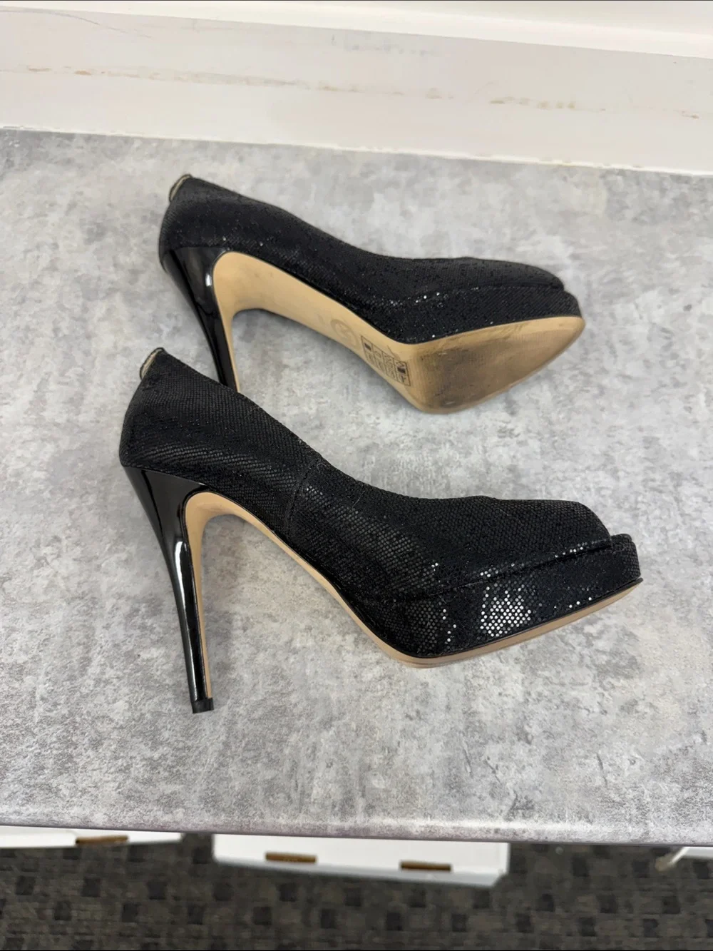 Michael Kors Black Sequin Peep-Toe Stiletto Heels sz 6